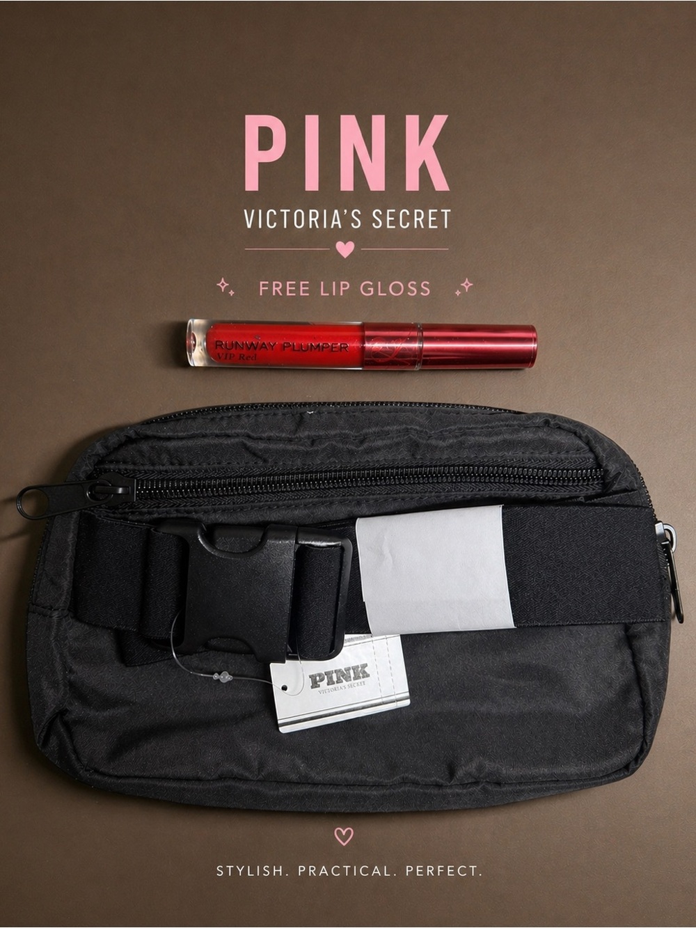 Victoria's Secret PINK Black Belt Bag with Red Lip Gloss